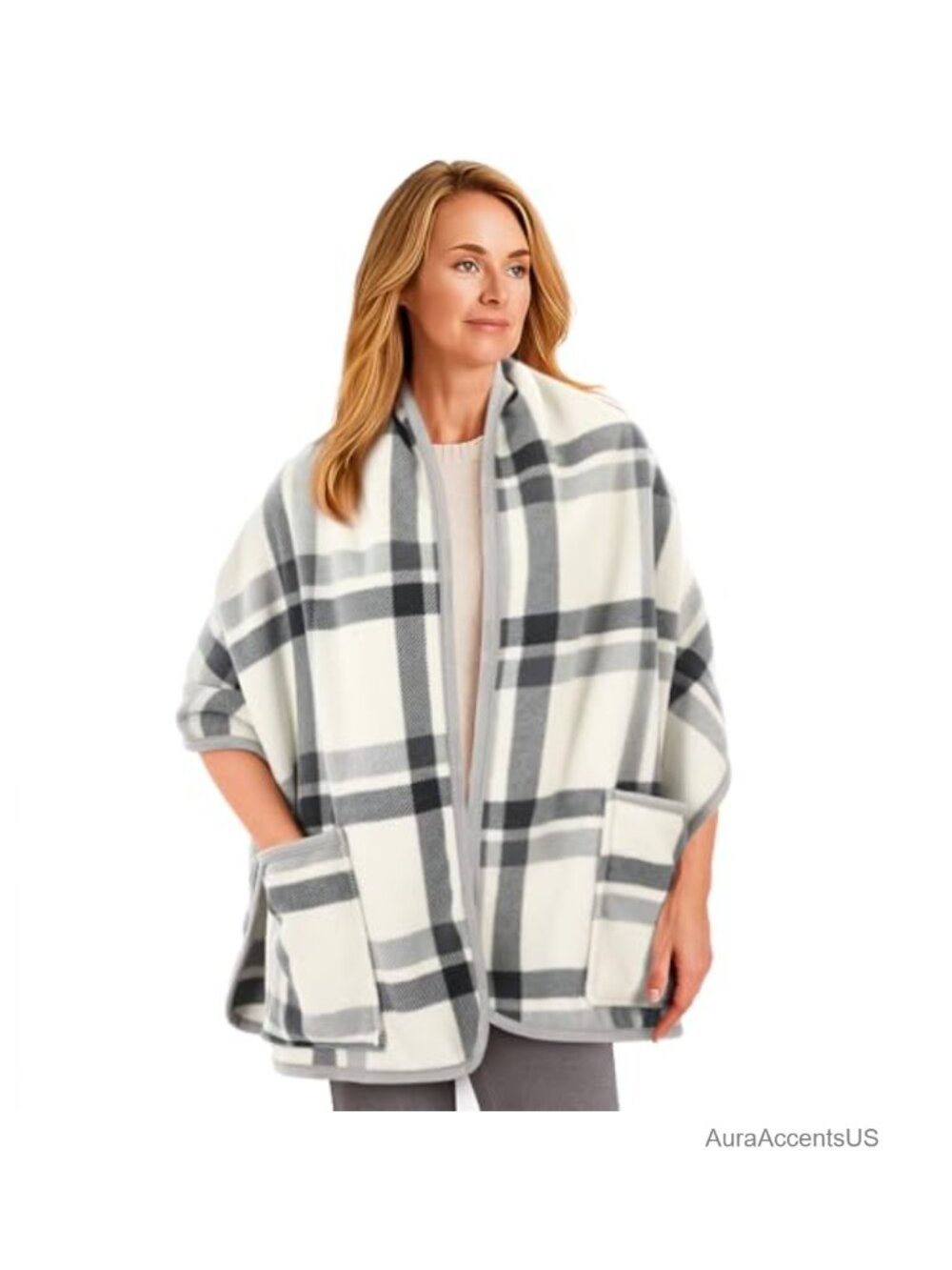 Fleece Wrap Shawl with Large Front Pockets Oversized Wearable Blanket Cape